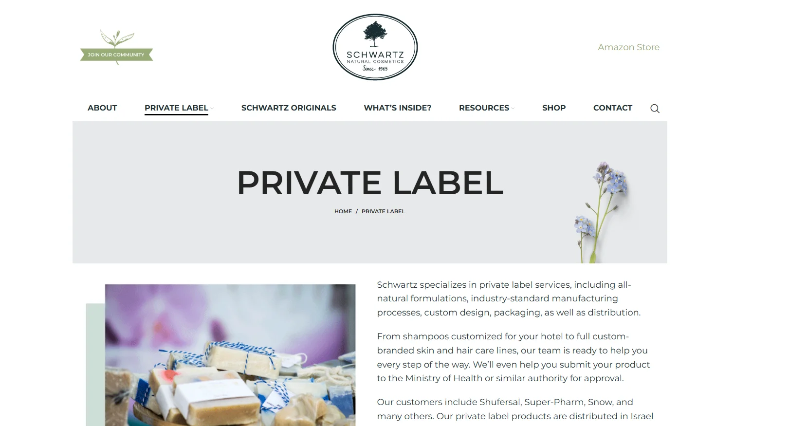 Schwartz Natural Cosmetics website featuring private label services with a focus on natural formulations and packaging.